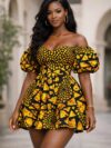 Golden Ankara Off-Shoulder Mini Dress