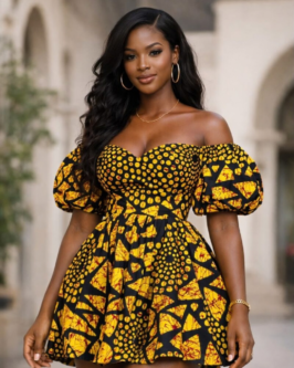 Golden Ankara Off-Shoulder Mini Dress